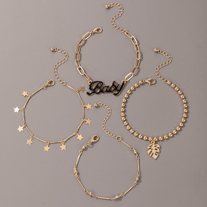 Letter Enamel Chain Bracelet - Hollow Leaf Star Round Multi-Layer Bracelet