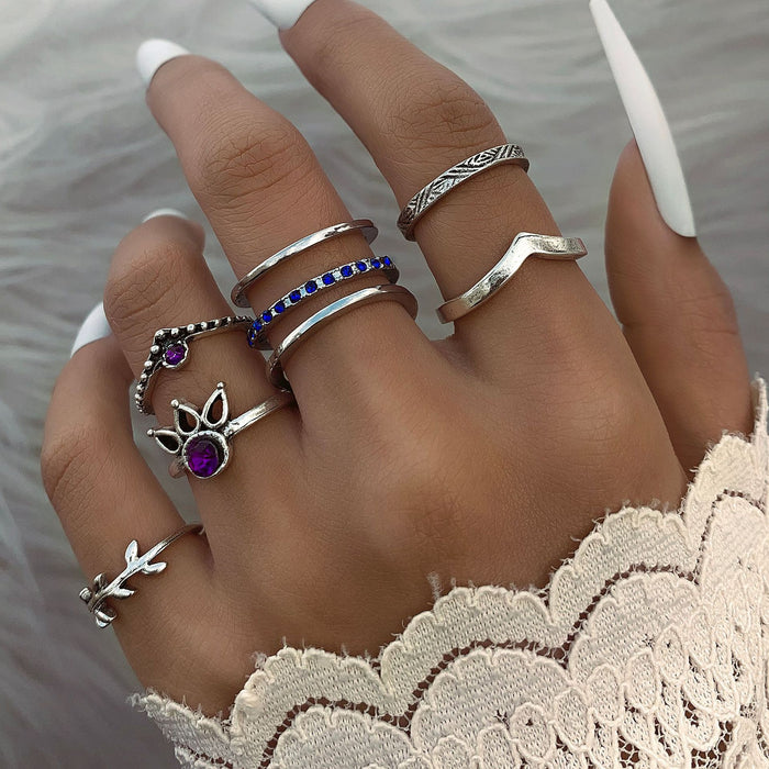 Blue and purple diamond leaf ring six-piece set geometric hollow ring combination