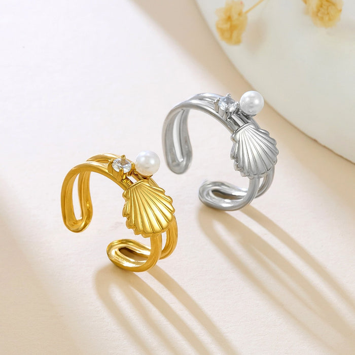 Wholesale stainless steel 18K gold inlaid imitation pearl scallop rings