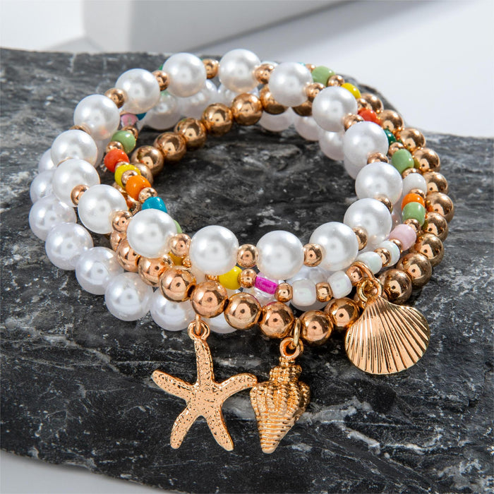 Beach Starfish and Pearl Bracelet Set - Bohemian Five-Piece Jewelry