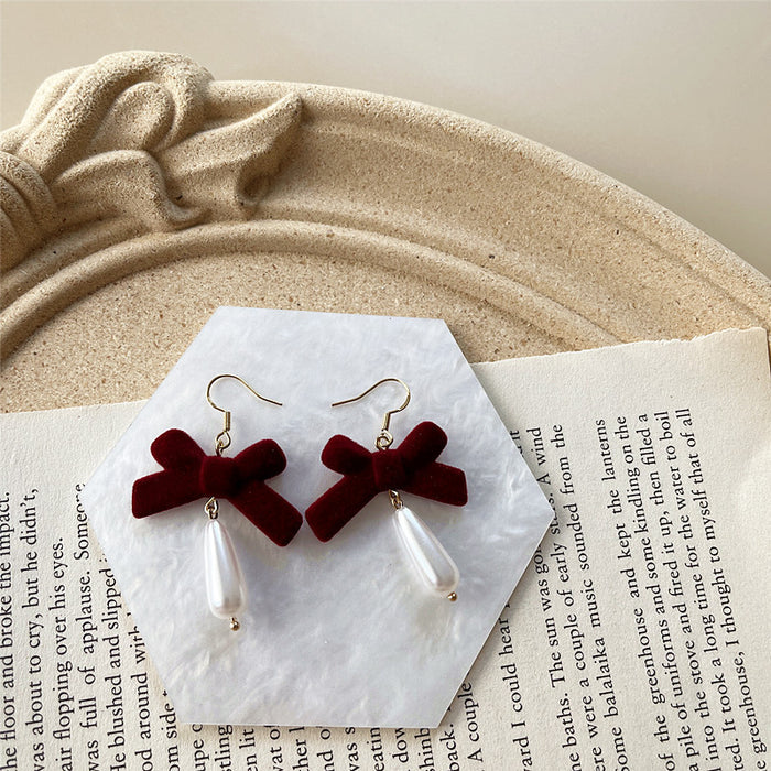 Bow Pearl Earrings Retro Japanese S925 Silver Needle Wine Red Earrings