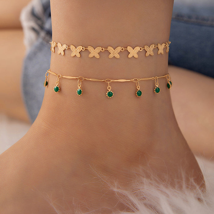 Green Animal Tassel Anklet Set - Double Layer Boho Jewelry