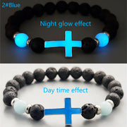 Wholesale Multi-colored Glow-in-the-Dark Volcanic Stone Bracelets with Cross Beads - wallojewerly 