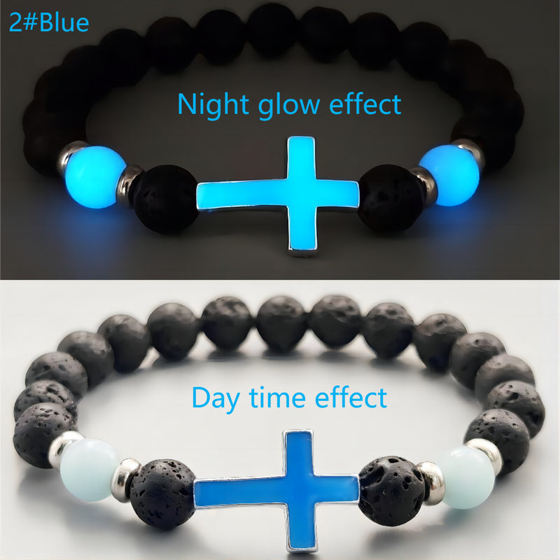 Wholesale Multi-colored Glow-in-the-Dark Volcanic Stone Bracelets with Cross Beads - wallojewerly 