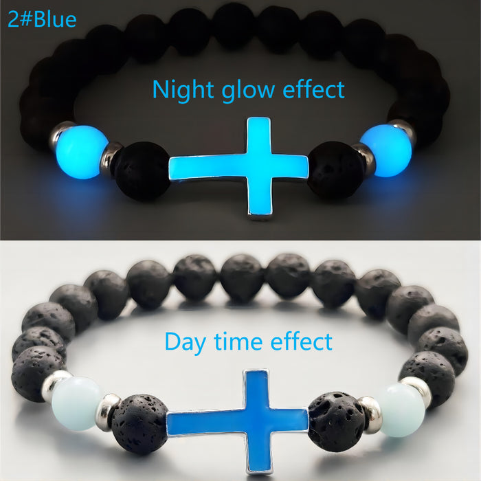 Wholesale Multi-colored Glow-in-the-Dark Volcanic Stone Bracelets with Cross Beads - wallojewerly 