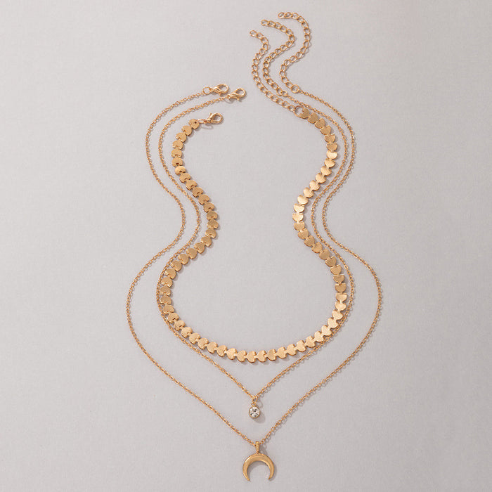 Triple Layered Moon Pendant Necklace - Gold Chain with Dainty Charms