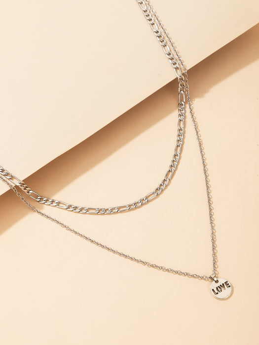 Letter Round Disc Double Layer Necklace with LOVE Metal Hollow Multi-Layer Clavicle Chain