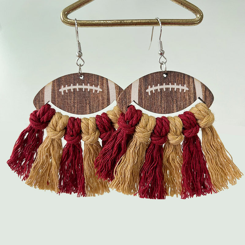 Sports Themed Woven Tassel Wooden Earrings for American Football Cheerleaders