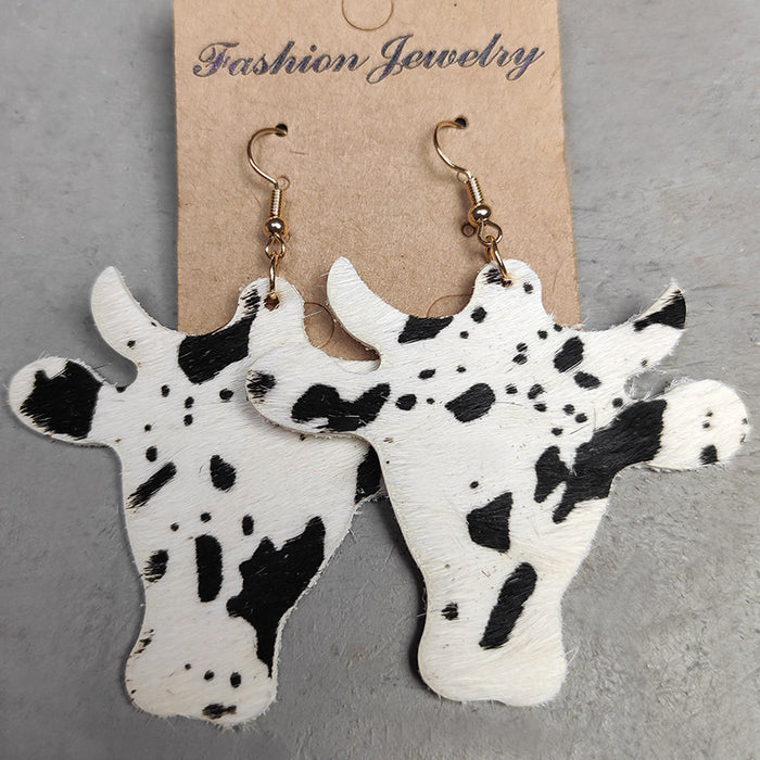 Simple Cow Print Leather Earrings with Bullhead Design