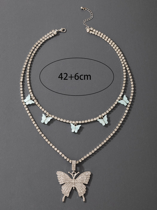 Diamond Butterfly Double Layer Necklace with Imitation Mother of Pearl Multi-Layer Design