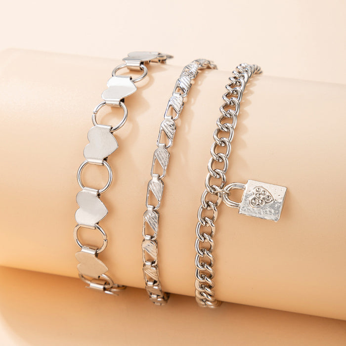 Simple Geometric Chain Bracelet Set with Love Heart Lock