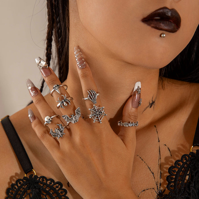 Dark Style Skull Ring Set – Punk Spider & Bat Joint Rings for Halloween, 8-Piece Set