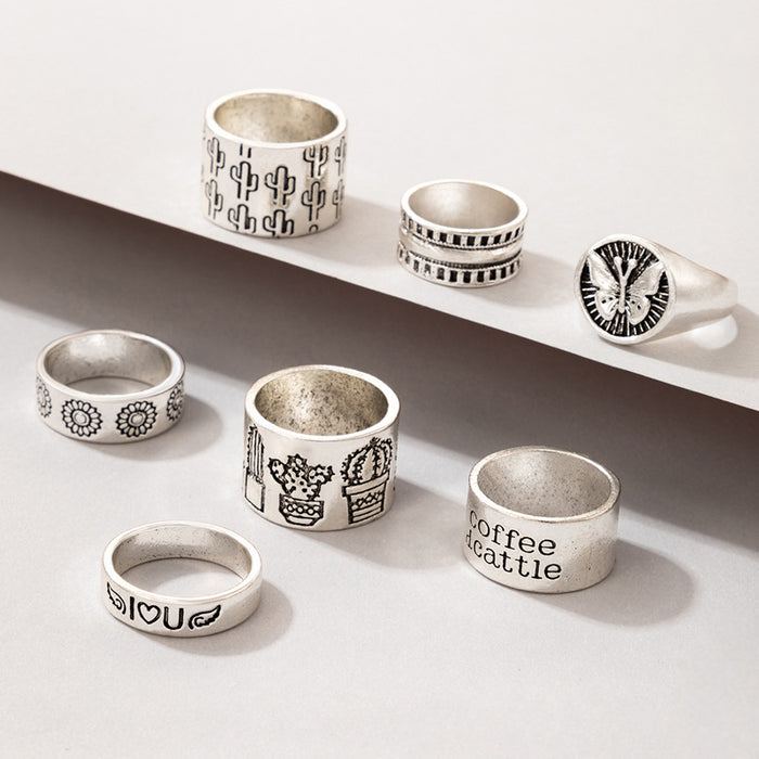 Vintage Alphabet Butterfly Cactus Ring 7-Piece Set