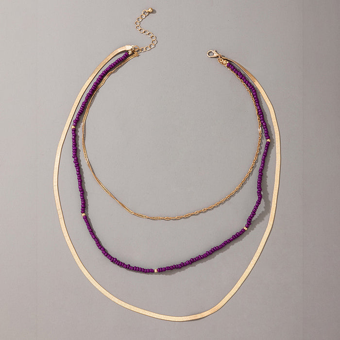 Purple Beaded Triple-Layer Necklace - Geometric Chain Multilayer Choker