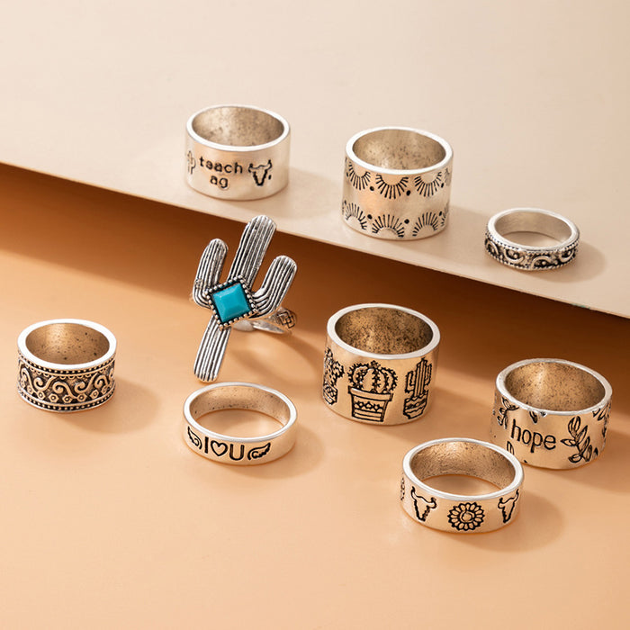 Imitation Blue Turquoise Cactus Bull Head Ring 9-piece Set