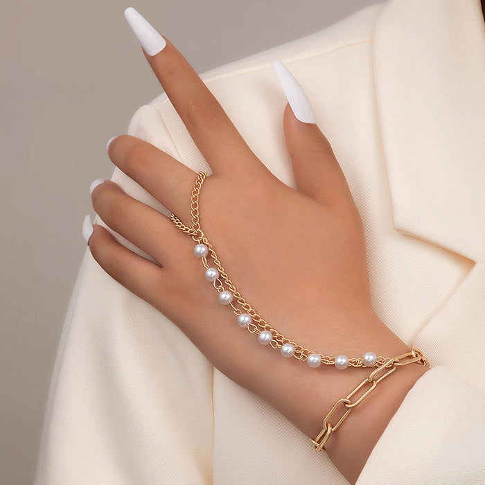 Pearl Embedded Chain Ring Bracelet - Bohemian Faux Pearl Jewelry for Women