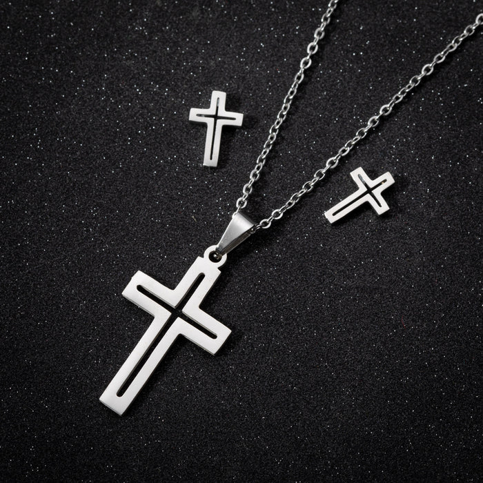 Cross pendant necklace earrings two-piece set, European and American fashion women's hollow jewelry wholesale