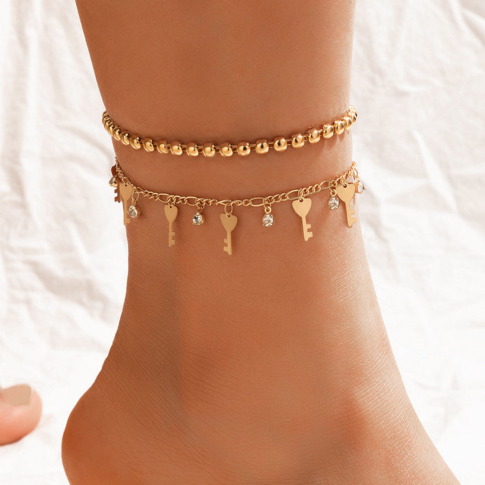 Heart and Key Double Layer Anklet with Rhinestone Bead Multi-Layer Chain