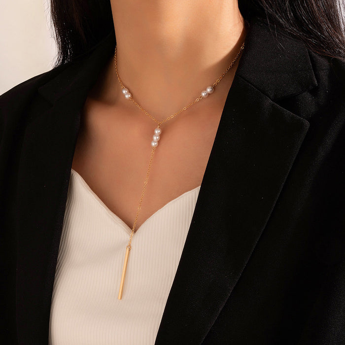 Pearl Chain Single-Layer Necklace - Alloy Bar Tassel Choker