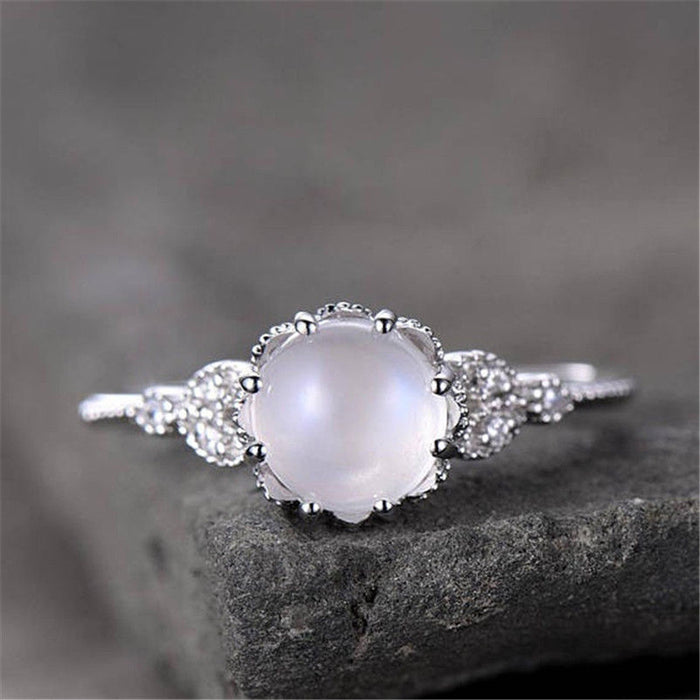 Imitation moonstone inlaid zircon octagonal ring, simple design girlfriend ring