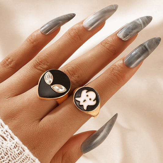 Alien Black Ghost Face Oil Drop Two-Piece Ring