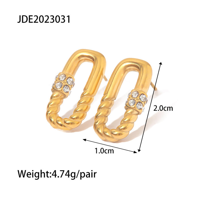 Fashionable Vintage Titanium Steel Earrings - 18K Gold Plated Stainless Steel Rectangular Twisted Zircon Stud Earrings