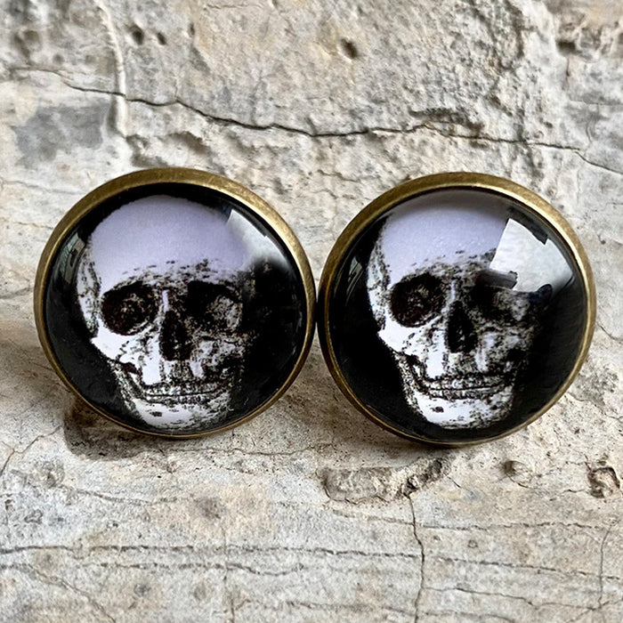 Vintage Glass Skull and Bat Stud Earrings with Halloween Gothic Style