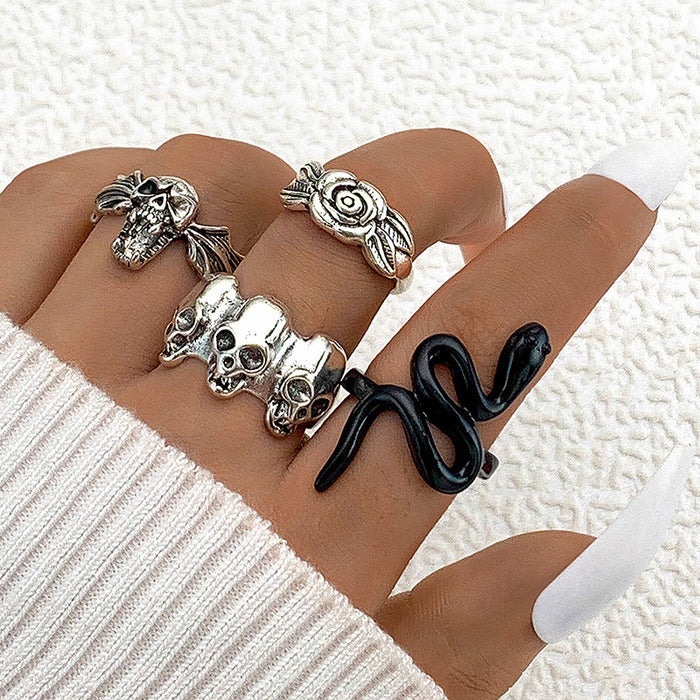 Retro Punk Cross Snake Ring Set - Dark Spider Skull Five-Piece Set for Women