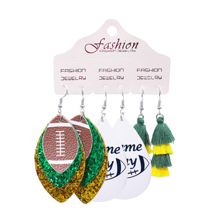 PU Leather Earring Set for Christmas with Football and Cheerleader Tassels