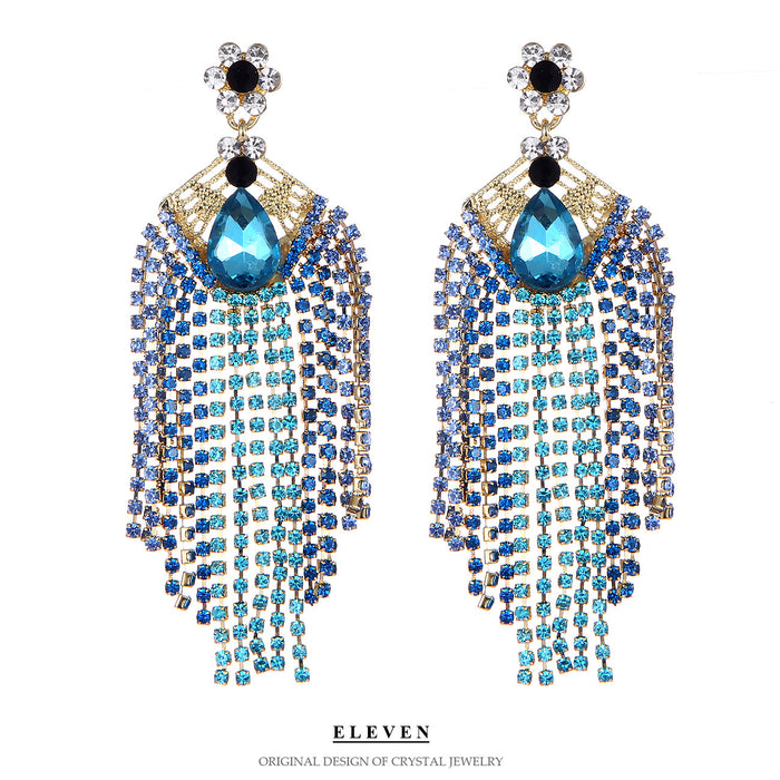 Blue Triangle Rhinestone Earrings - Exaggerated Tassel Jewelry for a Chic Look