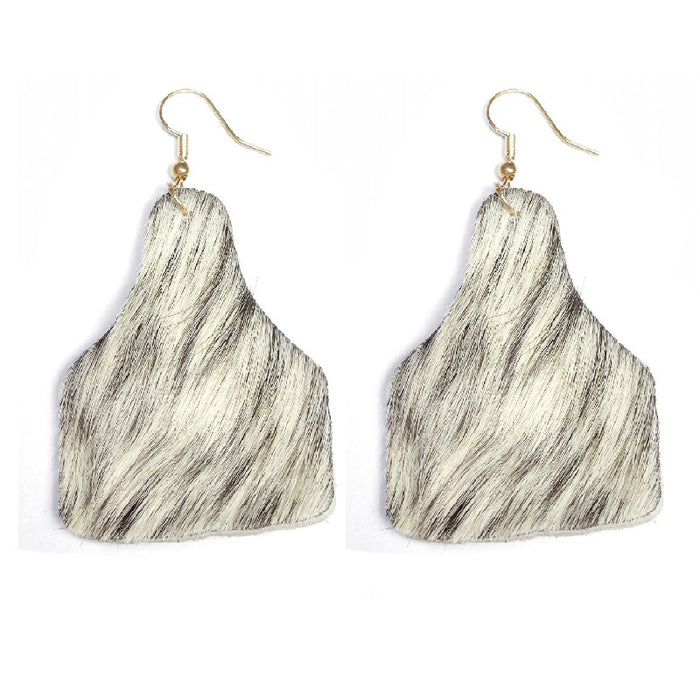 Long Hair Leather Southwestern Style Cow Tag Earrings with Western Cowboy Design