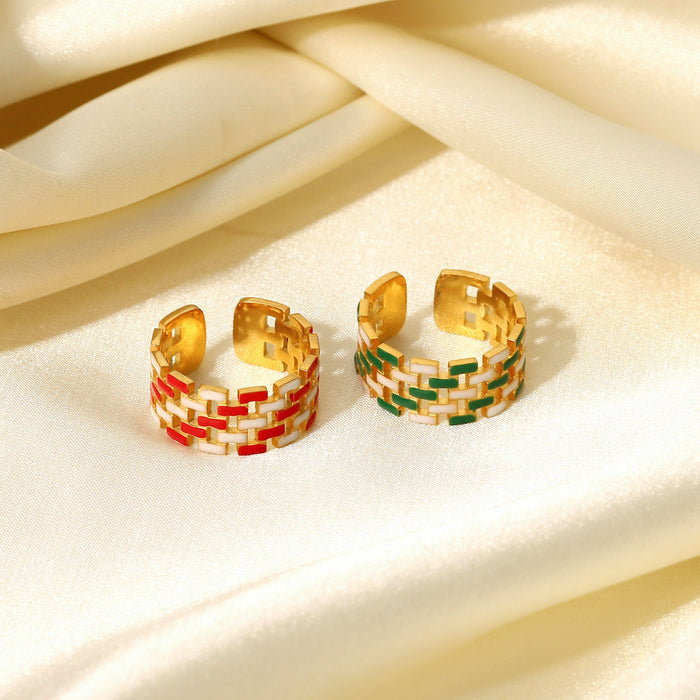 18K Gold Plated Stainless Steel Adjustable Ring with Red and Green Enamel Braided Design