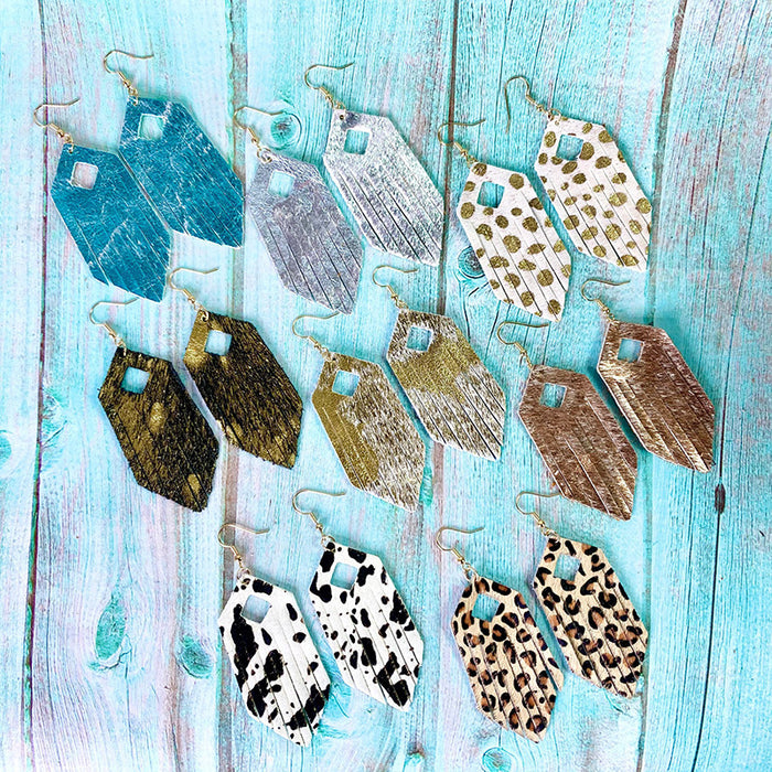 Bohemian Tassel Earrings with Leopard Print and Gold Dots on Cowhide Leather