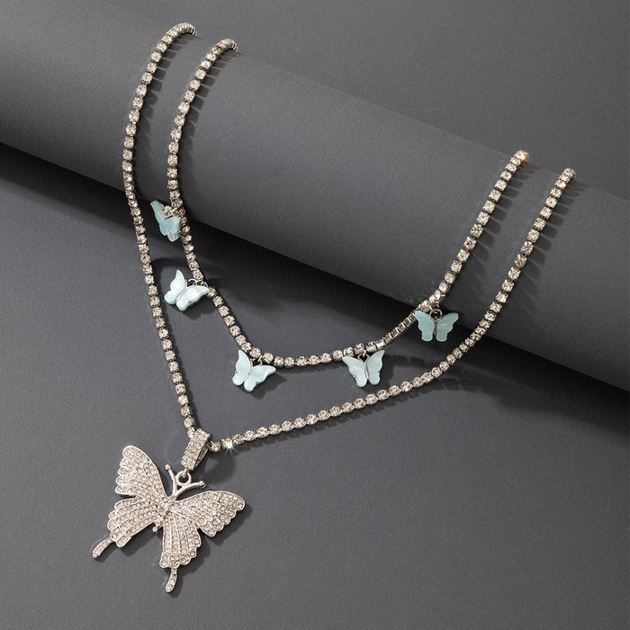 Diamond Butterfly Double Layer Necklace with Imitation Mother of Pearl Multi-Layer Design