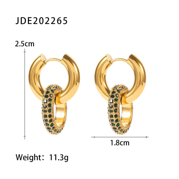 Fashionable Titanium Steel Earrings - 18K Gold Plated Green Zircon Oval Pendant Detachable Earrings