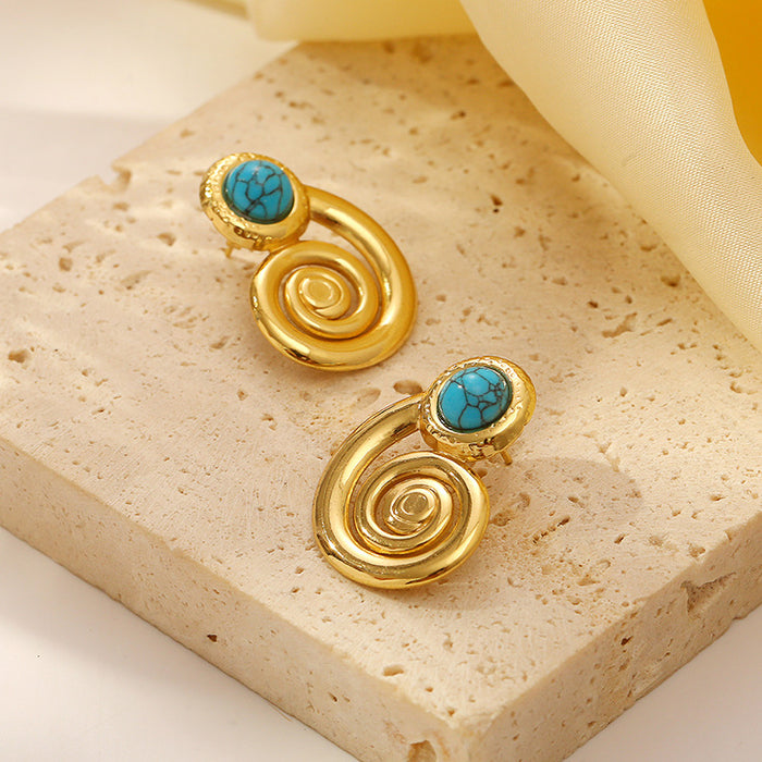 Pendientes de aro en espiral de acero inoxidable y oro de 18 quilates con piedra natural, estilo retro francés