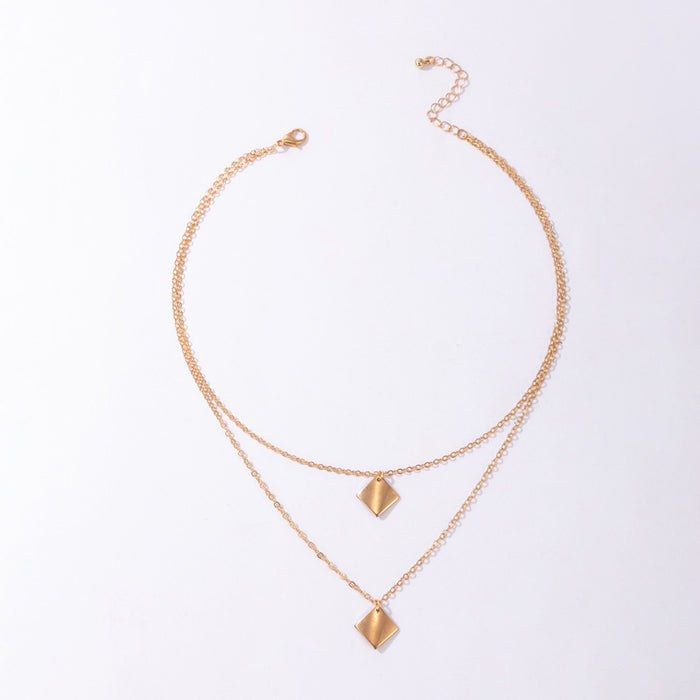 Alloy Square Pendant Double-Layer Necklace - Geometric Rhombus Multilayer Choker