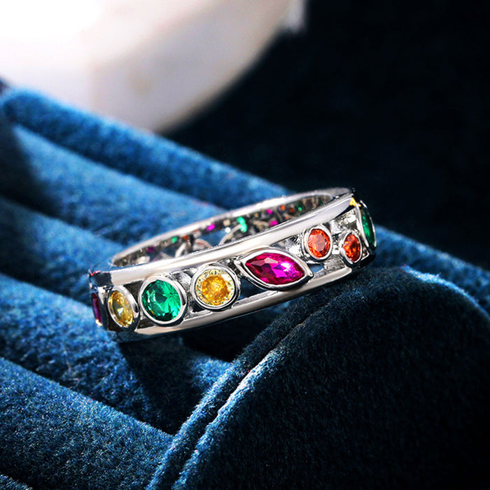 Hollow multi-color couple ring color zircon design