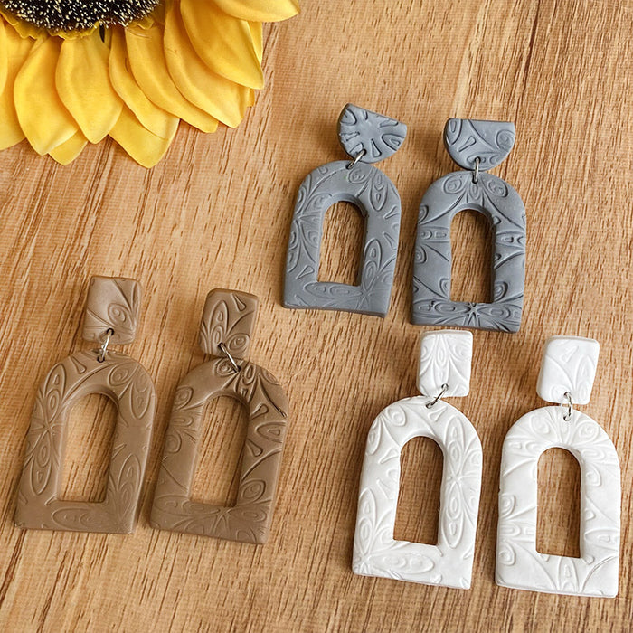 Handmade Morandi Color Clay Earrings - Geometric Embossed Design for a Vacation Look - wallojewerly 