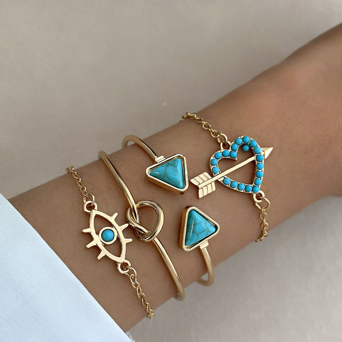 Vintage Heart Turquoise Bracelet Set - Creative Geometric Arrow Design