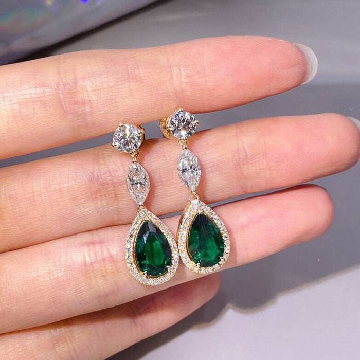 Pendientes estilo palacio con forma de gota de agua, elegantes pendientes de color verde esmeralda en forma de pera