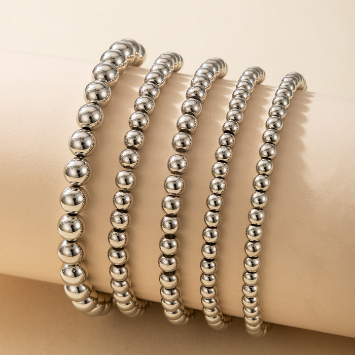 Bohemian Style Silver Bead Bracelet Set - Five-Piece Collection