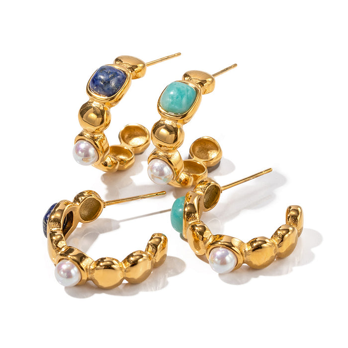 18K Gold Plated Stainless Steel C-Shape Earrings with Lapis Lazuli, Amazonite, and Pearl Pendants - Fashion Jewelry