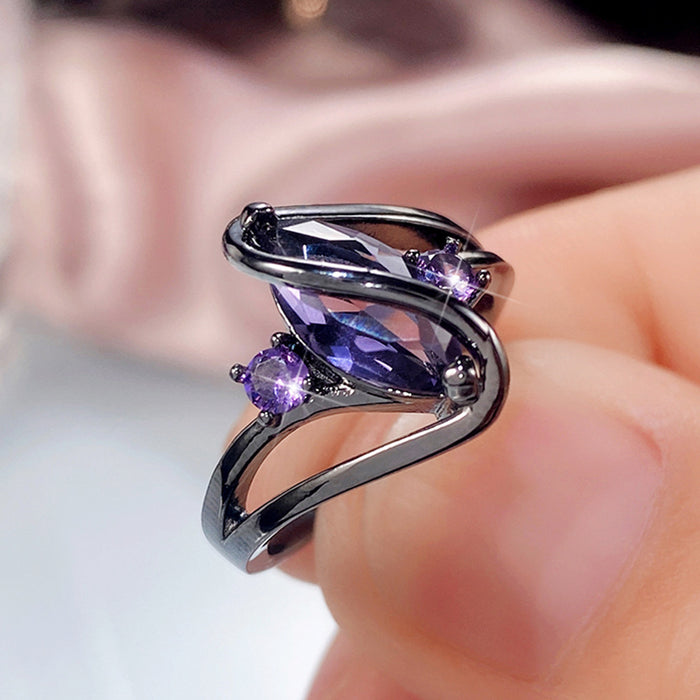 Horse eye ring electroplated gun black purple zircon ring