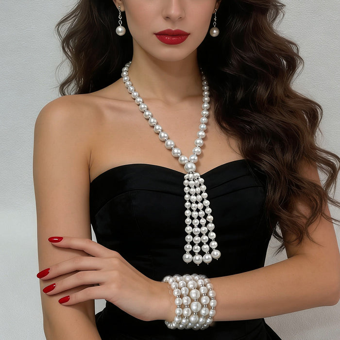 Wholesale glass pearl tassel necklace, bracelet, and earring sets - wallojewerly 
