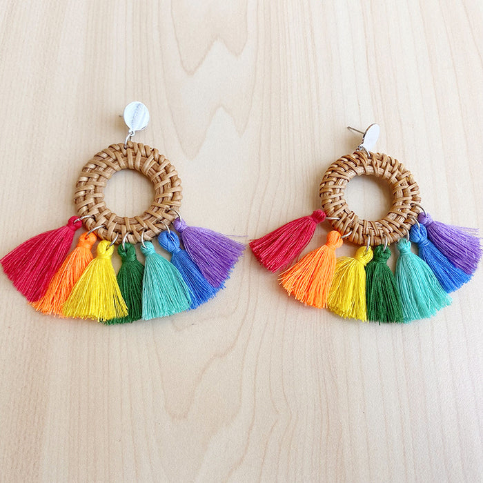 Handmade Woven Rainbow Tassel Earrings with Summer Vacation Style