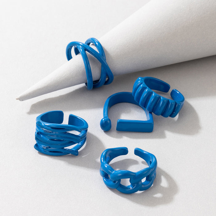 Blue spray painted geometric knuckle rings set of 5