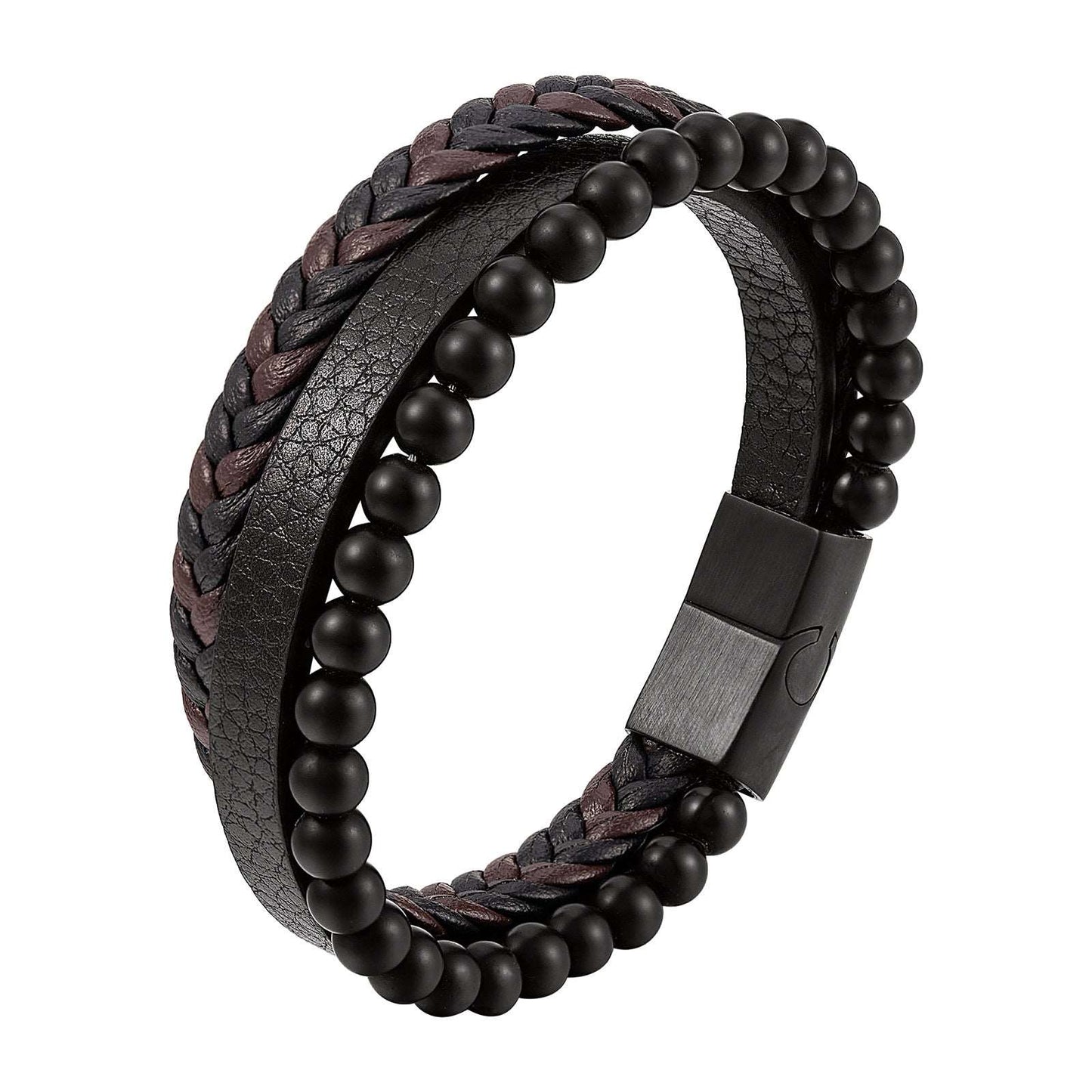 Bracelet Stainless Steel Leather Woven Natural Stone