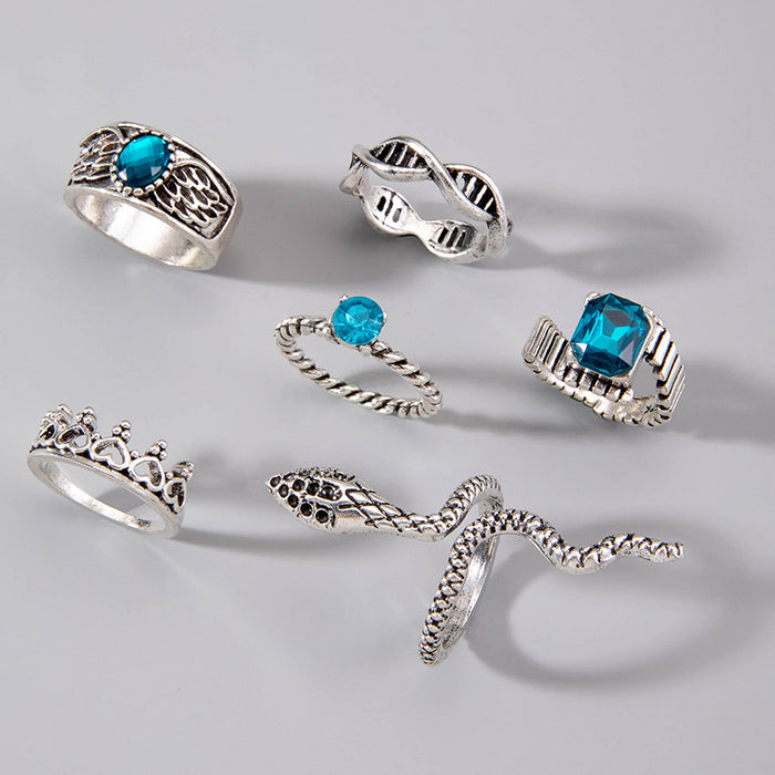 Punk Style Gemstone Snake Ring Set - 6pcs Geometric Versatile Rings