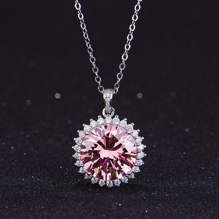 Micro-inlaid pink diamond pendant platinum necklace cross-border